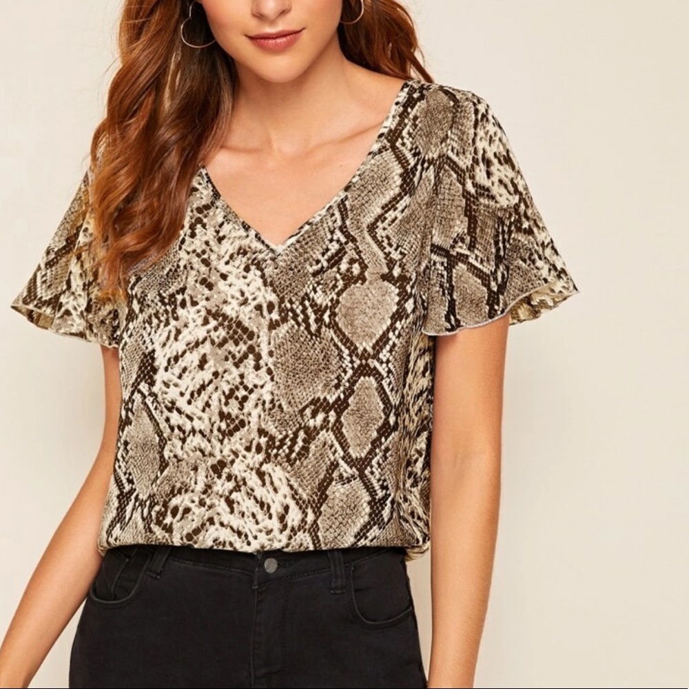 V neck flutter sleeve snakeskin print blouse